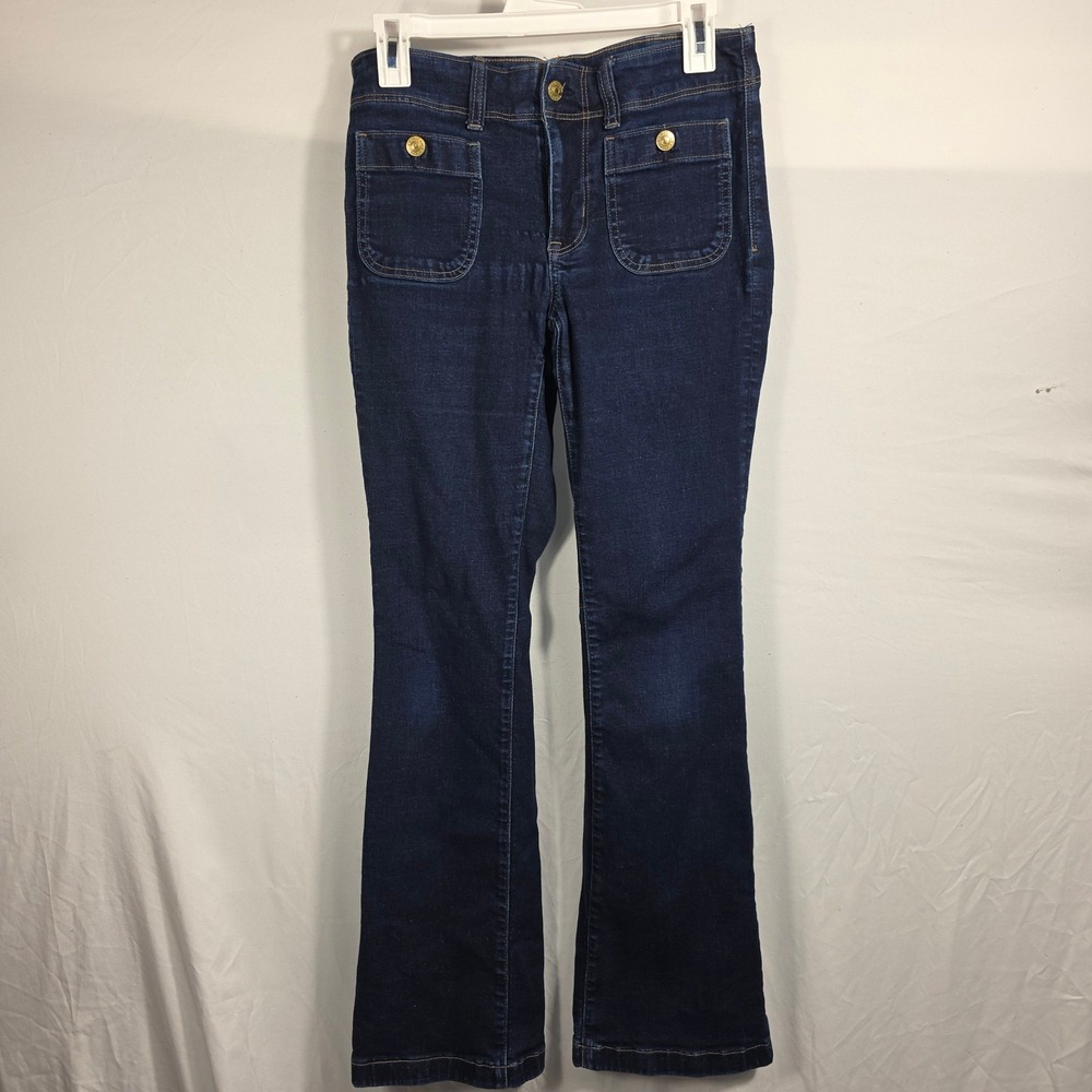 American Eagle Next Level Stretch Flare Jeans Dark Wash Button Pocket Size 6